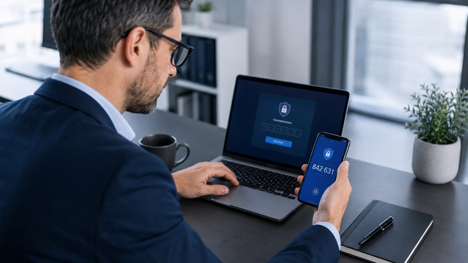 Un chef d'entreprise valide sa connexion avec un code d'authentification à deux facteurs reçu sur son téléphone