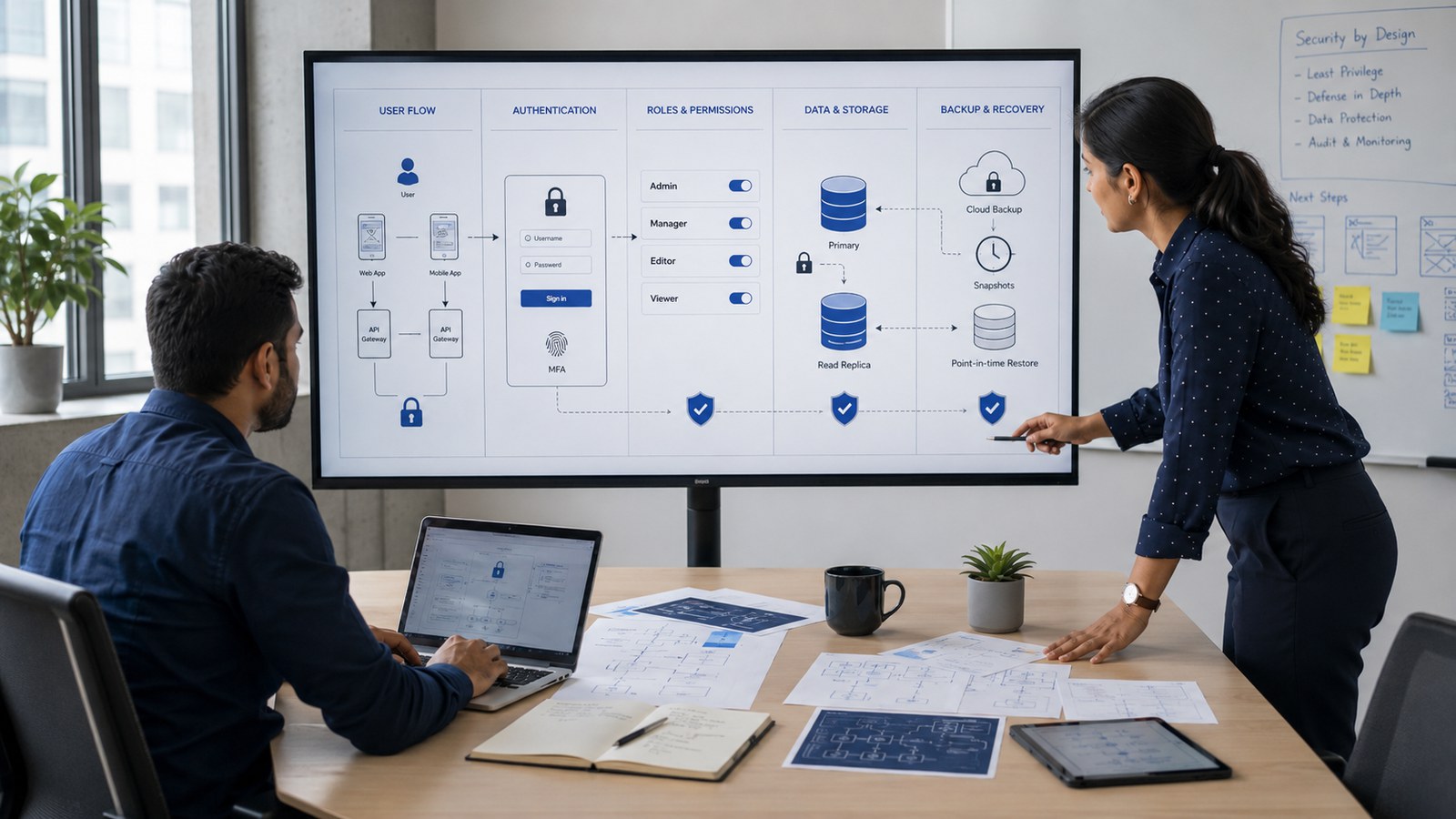 Deux professionnels conçoivent l'architecture de sécurité d'une application avant de la développer
