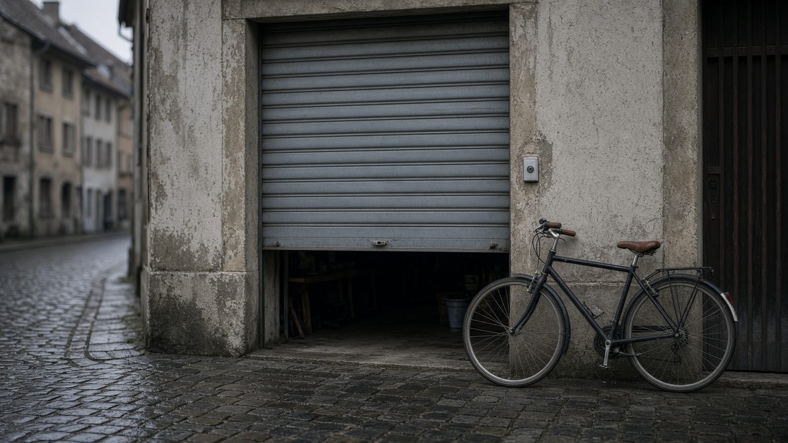 Façade anonyme d'un atelier sans enseigne dans une ruelle pavée, facile à dépasser sans la voir