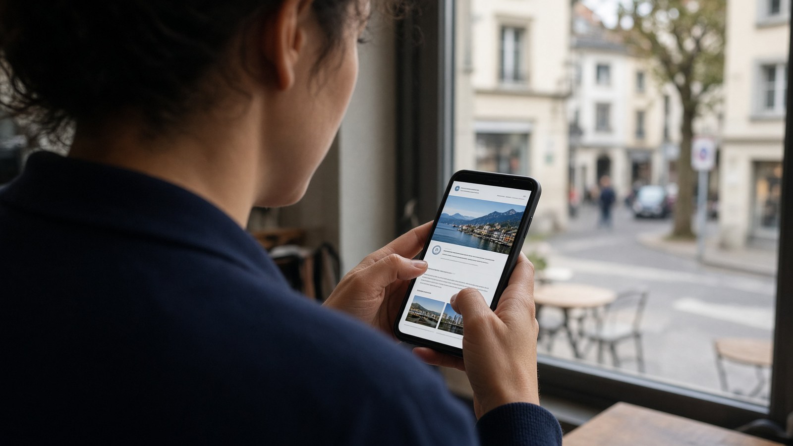 Une cliente attablée dans un café consulte le site d'un commerce local sur son téléphone